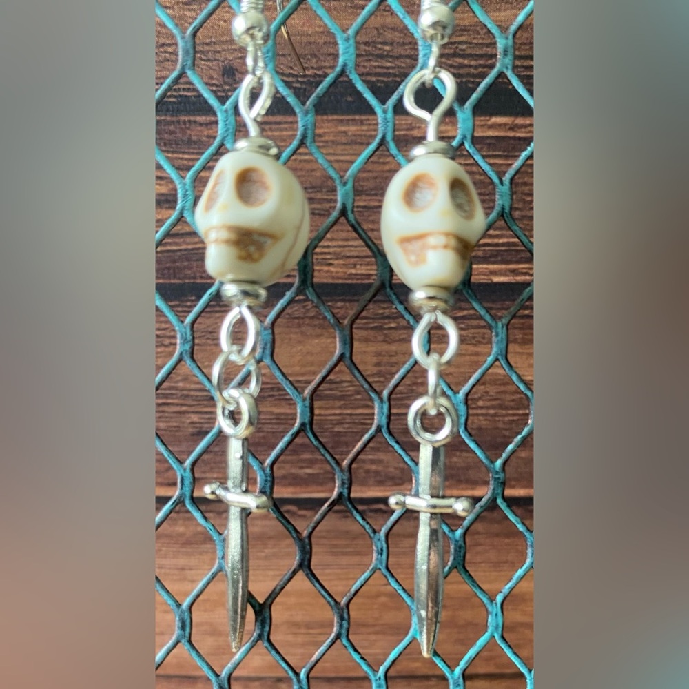 Cream Skull and Dagger Earrings